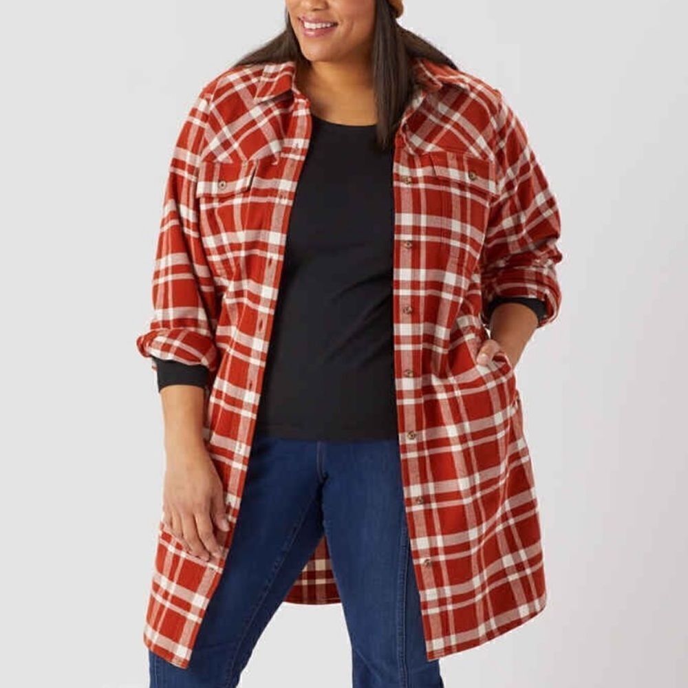 Duluth Trading Folklore Flannel Duster Dress Orange Plaid New